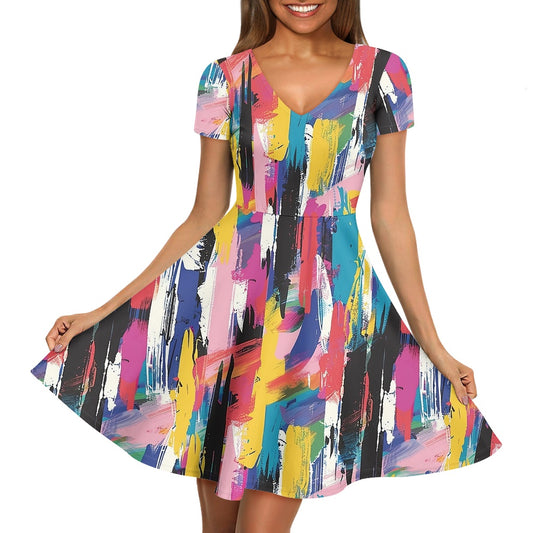 Women V-Neck Short Sleeve Ruffle Dress