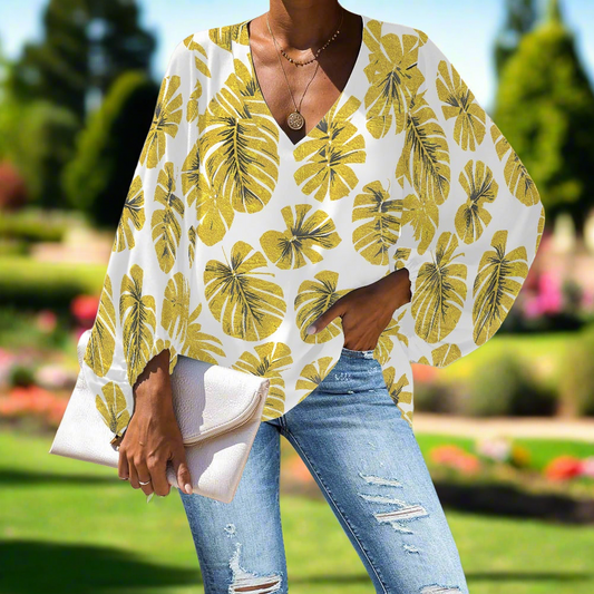Golden Monstera V-Neck Chiffon Puff Sleeve Blouse by Luxtrini