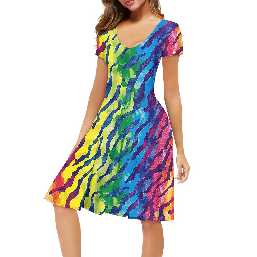Rainbow Animal Skin Women V-Neck Short Sleeve Ruffle Dress