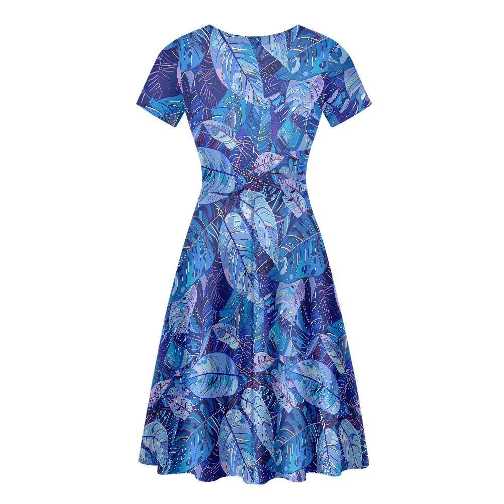 Vibrant, Blue, Tropical-print Women Scoop Neck Short Sleeve Ruffle Dress