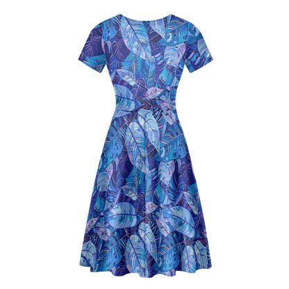Vibrant, Blue, Tropical-print Women Scoop Neck Short Sleeve Ruffle Dress