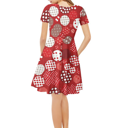 Retro Polka Dot Red Fit & Flare V-Neck Dress – Vintage-Inspired Party Dress