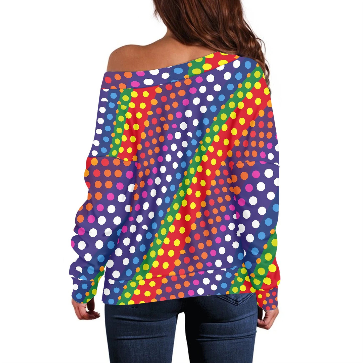LGBTQ-Friendly Rainbow Polka Dot Trendy Off-The-Shoulder Oversized Top with Long Sleeves for Women by Luxtrini