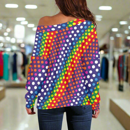 LGBTQ-Friendly Rainbow Polka Dot Trendy Off-The-Shoulder Oversized Top with Long Sleeves for Women by Luxtrini