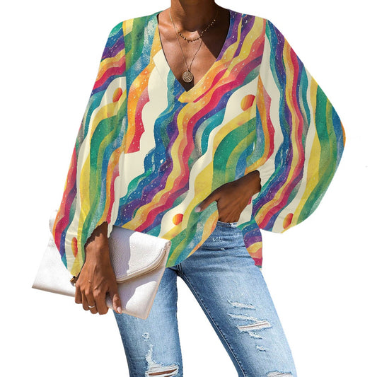 V-Neck Chiffon Puff Sleeve Blouse by Luxtrini 4XL