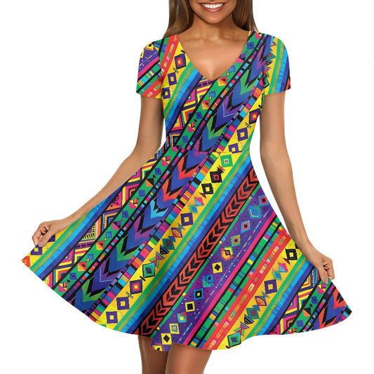 Women V-Neck Short Sleeve Ruffle Dress