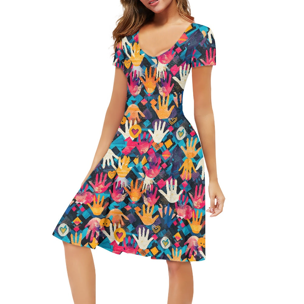 Women V-Neck Short Sleeve Ruffle Dress