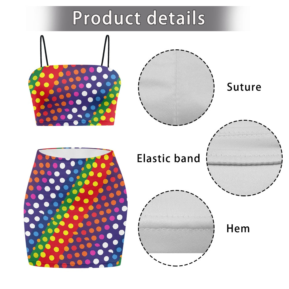 LGBTQ-Friendly Rainbow Polka Dot Fashionable Two-Piece Outfit: Bandeau Crop Top and High-Waist Mini Skirt by Luxtrini