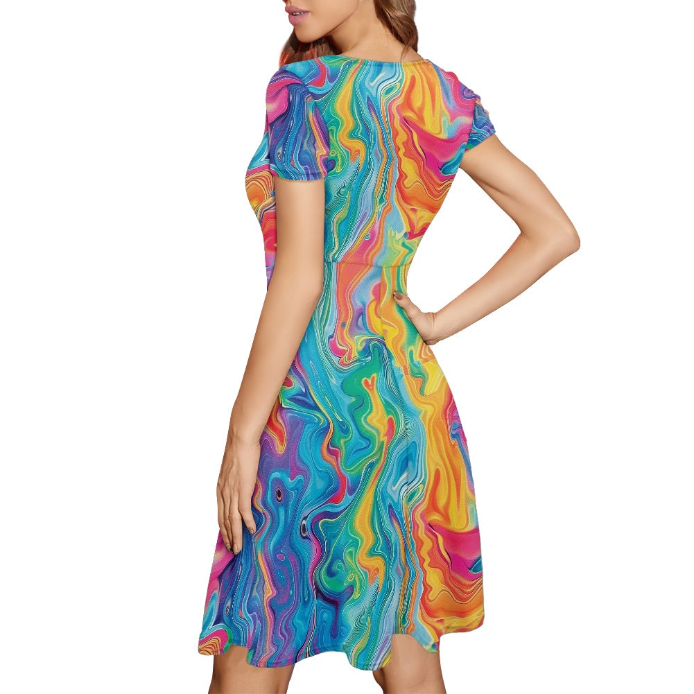 Women Scoop Neck Short Sleeve Ruffle Dress