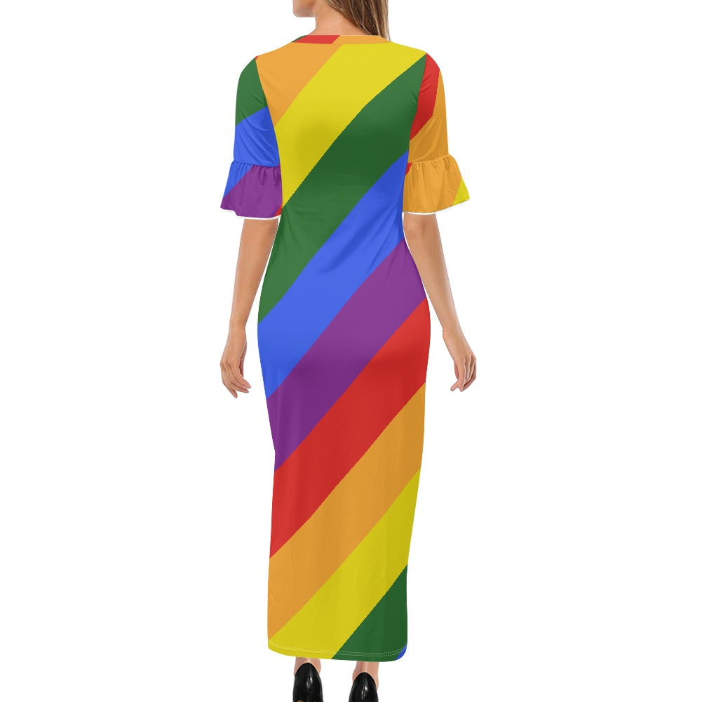 Rainbow Stylish Scoop Neck Ankle-Length Dress with Unique Ruffled Sleeves for Women
