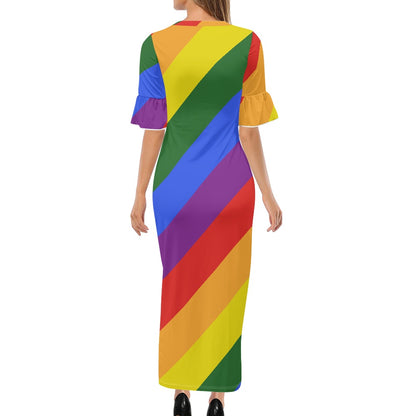 Rainbow Stylish Scoop Neck Ankle-Length Dress with Unique Ruffled Sleeves for Women