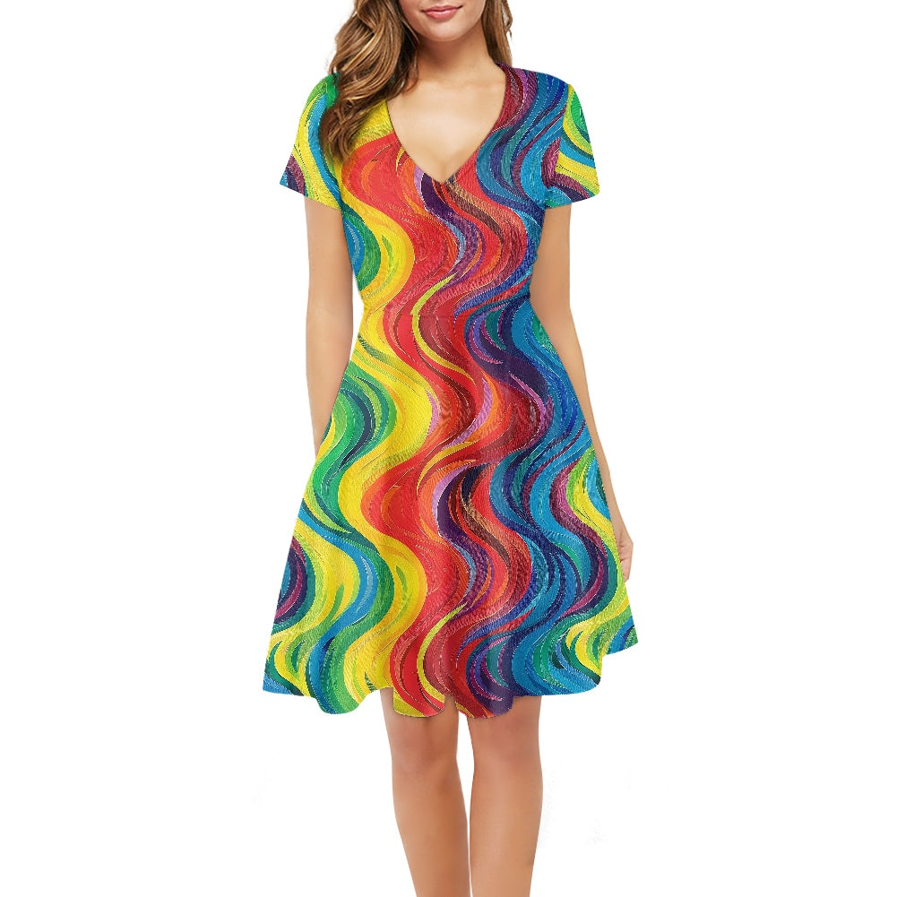 Rainbow Women V-Neck Short Sleeve Ruffle Dress