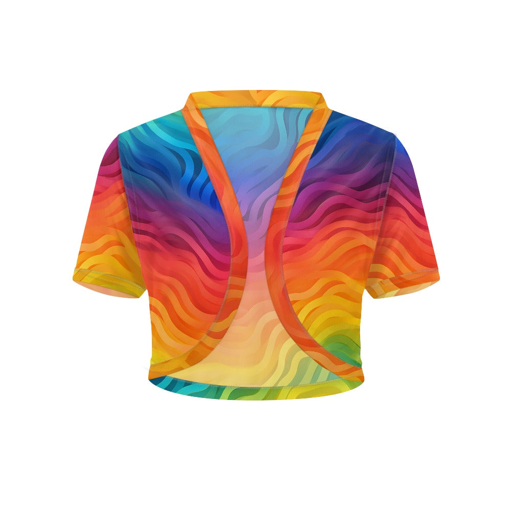 Rainbow Wavy Mini Cardigan – Women's Chiffon Short Jacket, Colorful Sheer Cover Up, Lightweight Layer rainbow