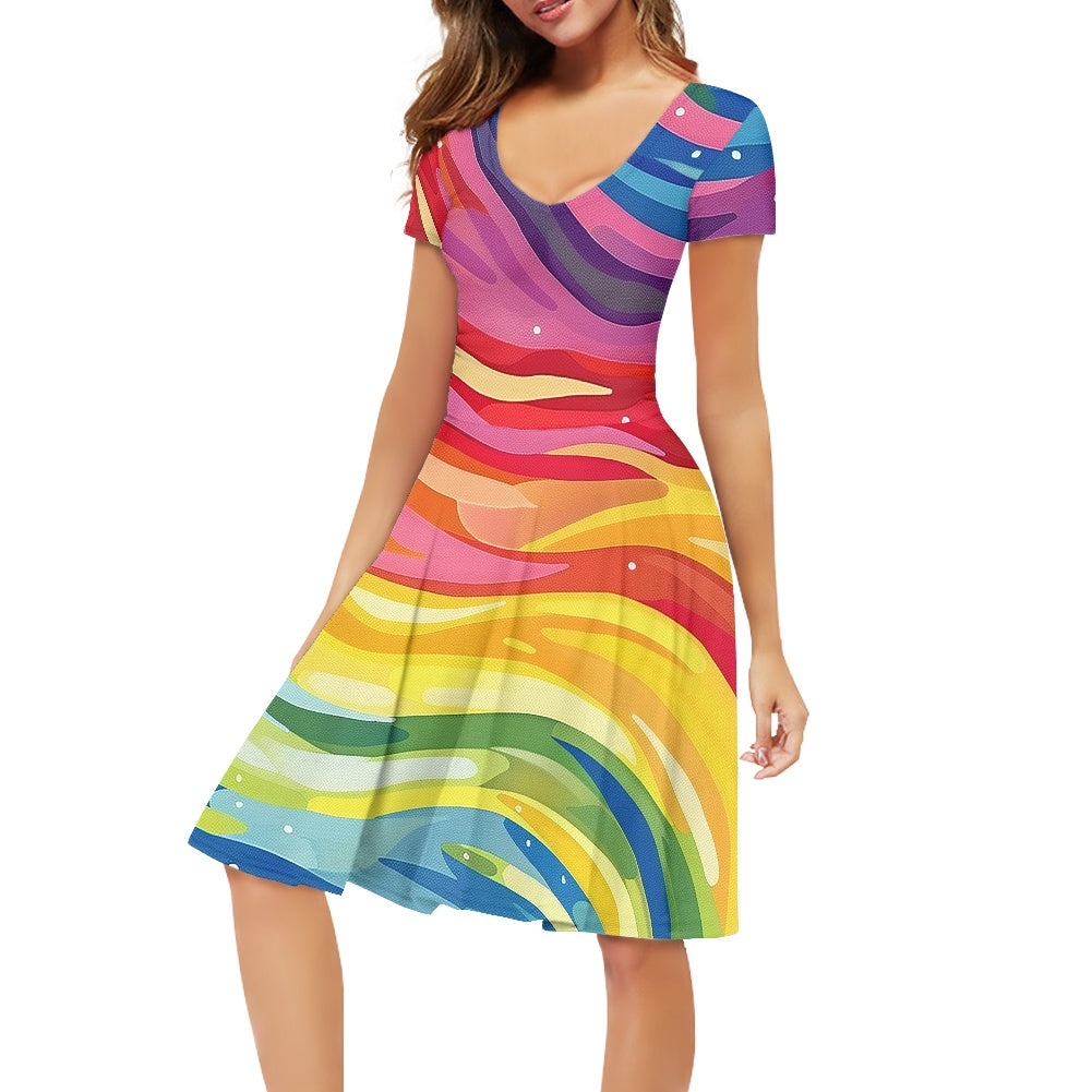 Rainbow Women V-Neck Short Sleeve Ruffle Dress