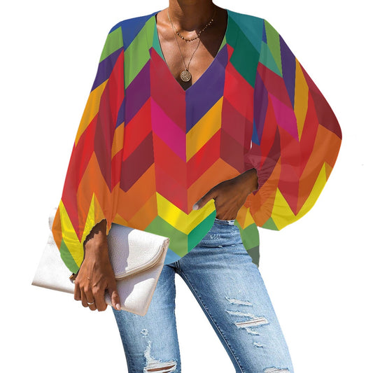 V-Neck Chiffon Puff Sleeve Blouse by Luxtrini