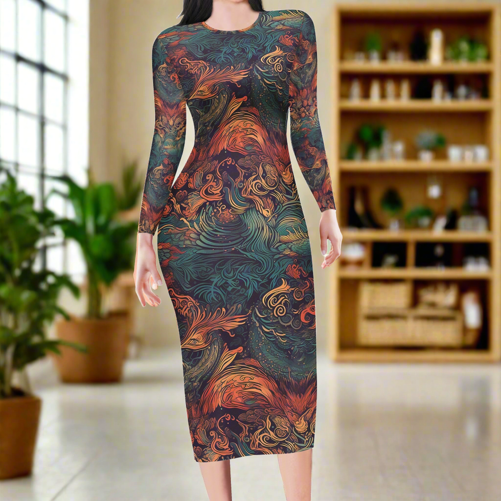 Majestic Dragon and Ethereal Phoenix Women Bodycon Midi Sheath Dress