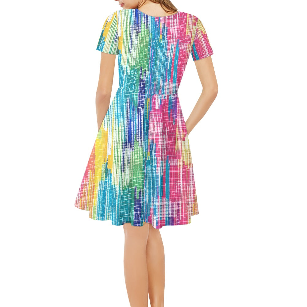 Rainbow Glitch Women V-Neck Short Sleeve Ruffle Dress