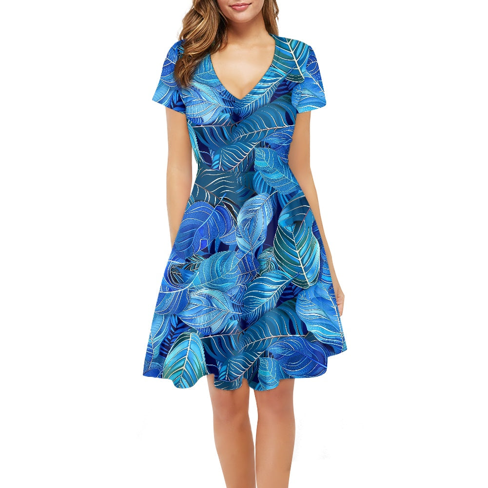 Blue Leaves Women V-Neck Short Sleeve Ruffle Dress