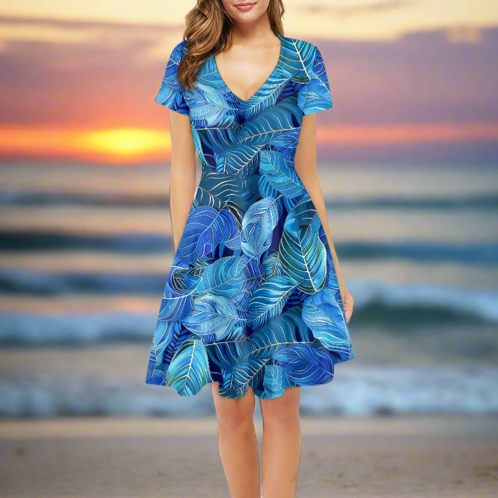 Blue Leaves Women V-Neck Short Sleeve Ruffle Dress