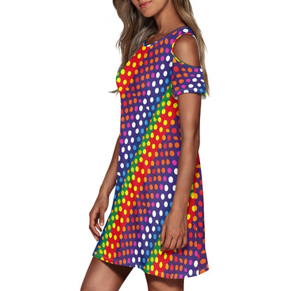 LGBTQ-Friendly Rainbow Polka Dot Chic Cold Shoulder Short Sleeve Mini Dress with Classic Round Neck by Luxtrini