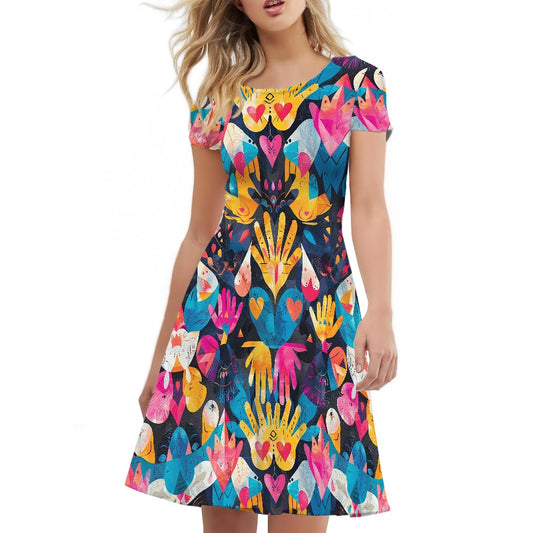Women Scoop Neck Short Sleeve Ruffle Dress