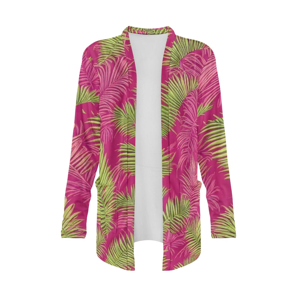 Tropical Palm Leaf Cardigan – Lightweight Stretch Knit Open Front Jacket for Women | Eco-Friendly Resortwear Layer