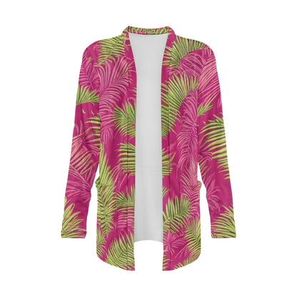 Tropical Palm Leaf Cardigan – Lightweight Stretch Knit Open Front Jacket for Women | Eco-Friendly Resortwear Layer