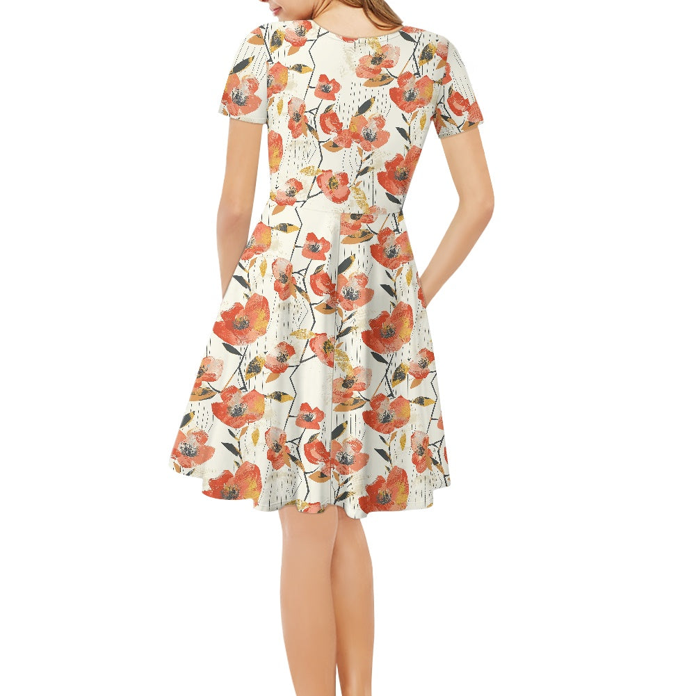 Women V-Neck Short Sleeve Ruffle Dress