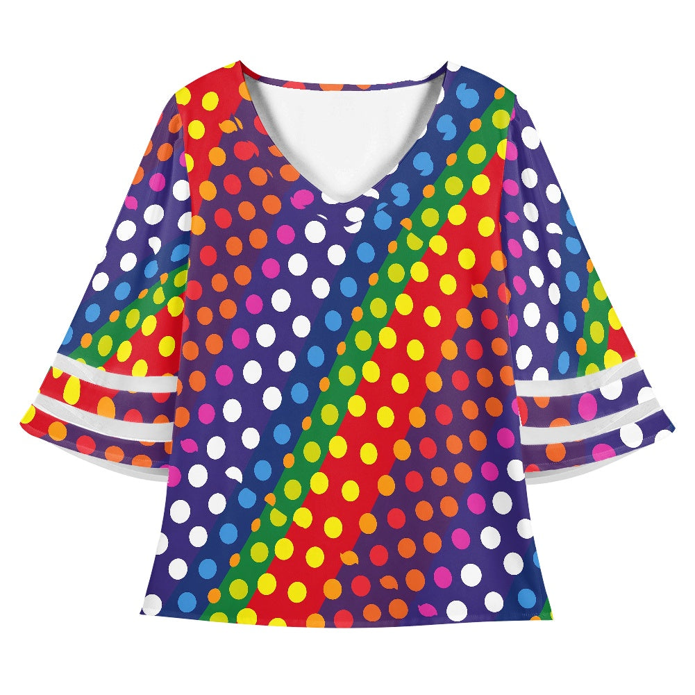 LGBTQ-Friendly Rainbow Polka Dot V-Neck Women Puff Sleeve Blouse by Luxtrini