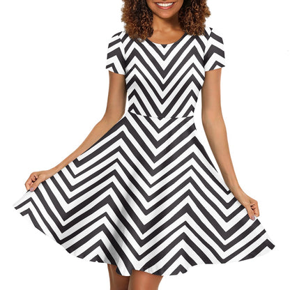 Black and White Chevron Women Scoop Neck Short Sleeve Ruffle Dress
