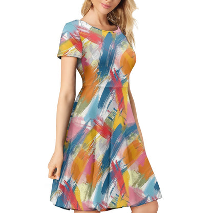Women Scoop Neck Short Sleeve Ruffle Dress