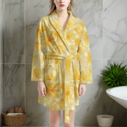 Luxtrini Yellow Plumeria Women’s Bathrobe – Soft, Lightweight & Breathable Lounge Robe with Pockets