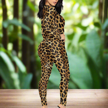Unique Leopard Skin pattern Women's Plunging Neck Jumpsuit