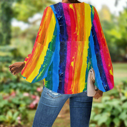 LGBTQ Painting Stripes V-Neck Chiffon Puff Sleeve Blouse by Luxtrini