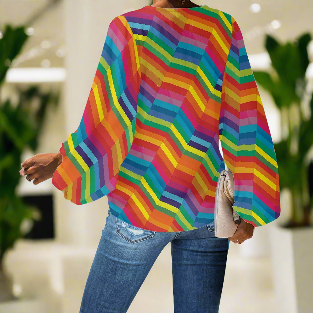 Rainbow Zigzag Stripes V-Neck Chiffon Puff Sleeve Blouse by Luxtrini