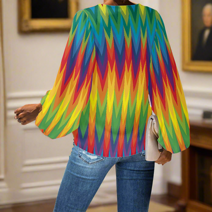 LGBTQ Rainbow Chevrons V-Neck Chiffon Puff Sleeve Blouse by Luxtrini