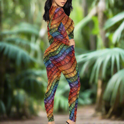 Unique Alligator Skin pattern Rainbow Pride Women's Plunging Neck Jumpsuit