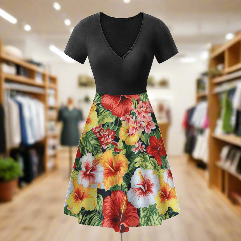 Hibiscus Black V-Neck Ruffle Bottom Dress