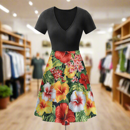 Hibiscus Black V-Neck Ruffle Bottom Dress