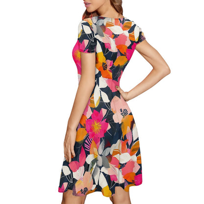 Women Scoop Neck Short Sleeve Ruffle Dress
