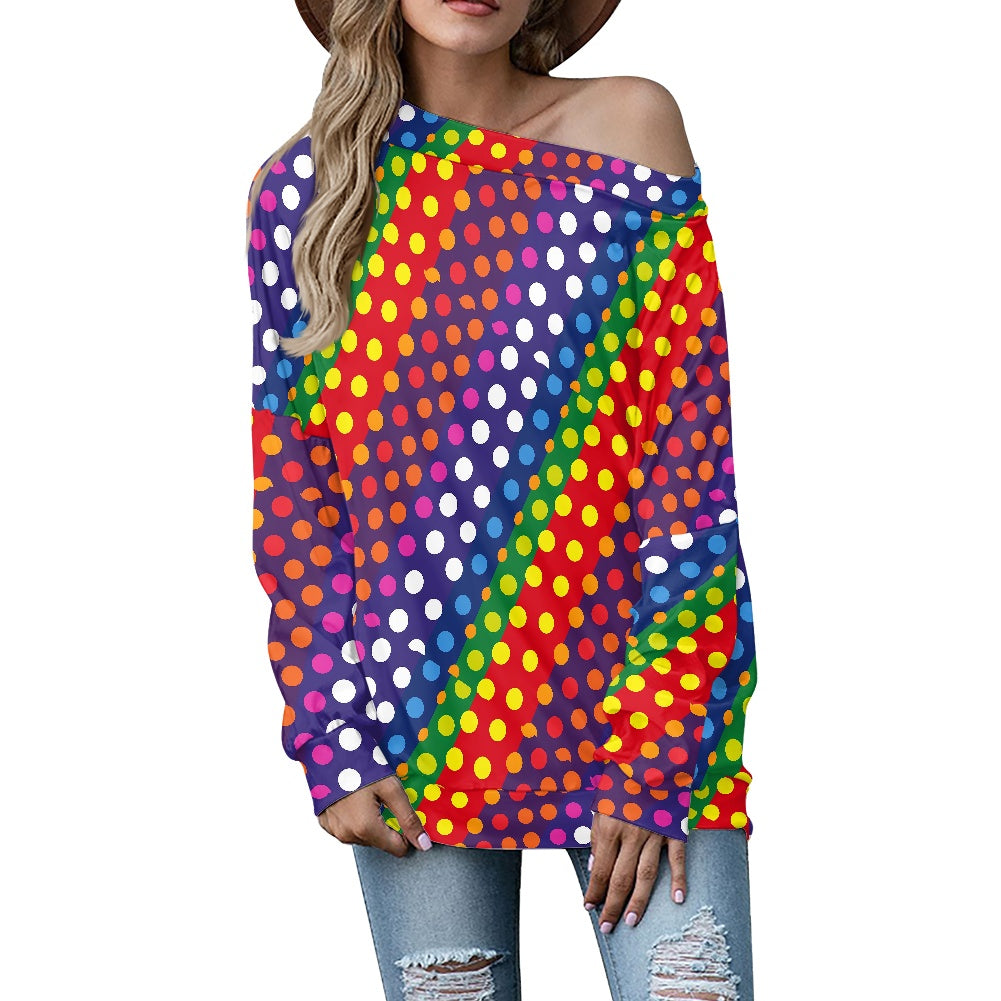 LGBTQ-Friendly Rainbow Polka Dot Trendy Off-The-Shoulder Oversized Top with Long Sleeves for Women by Luxtrini