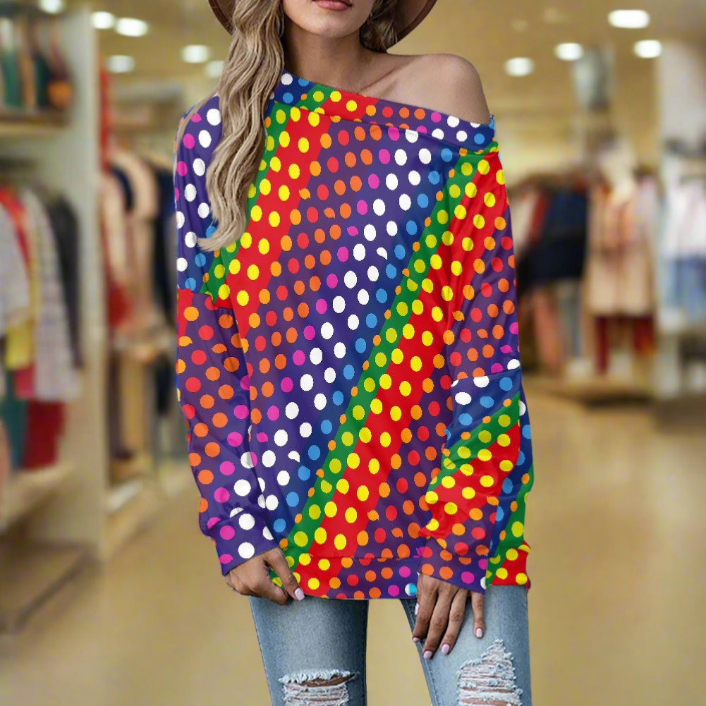 LGBTQ-Friendly Rainbow Polka Dot Trendy Off-The-Shoulder Oversized Top with Long Sleeves for Women by Luxtrini