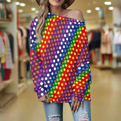 LGBTQ-Friendly Rainbow Polka Dot Trendy Off-The-Shoulder Oversized Top with Long Sleeves for Women by Luxtrini
