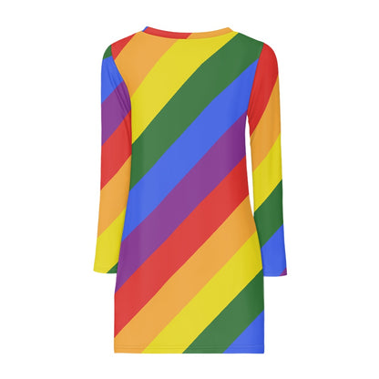 Rainbow Pride Long Sleeve Dress | Women's Colorful Striped Mini Dress with Round Neckline | Casual to Formal Wear | High-Resolution Pride Flag Inspired Fashion