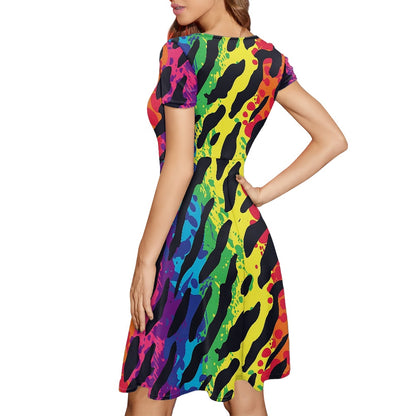 Women Scoop Neck Short Sleeve Ruffle Dress
