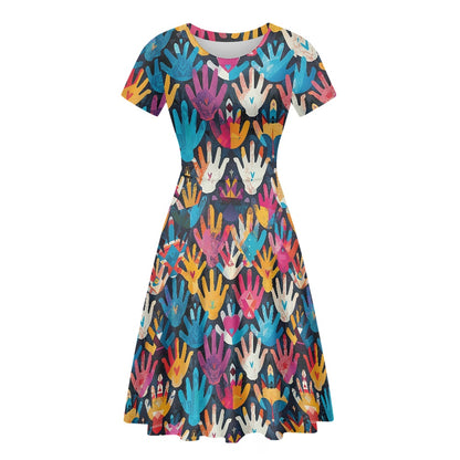 Women Scoop Neck Short Sleeve Ruffle Dress white