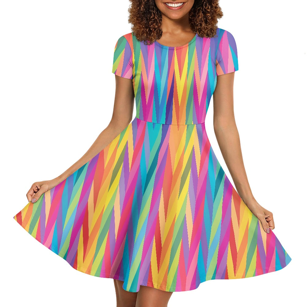 Rainbow Chevron Women Scoop Neck Short Sleeve Ruffle Dress