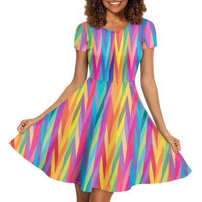 Rainbow Chevron Women Scoop Neck Short Sleeve Ruffle Dress