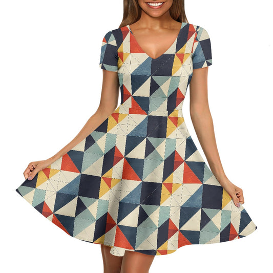Women V-Neck Short Sleeve Ruffle Dress