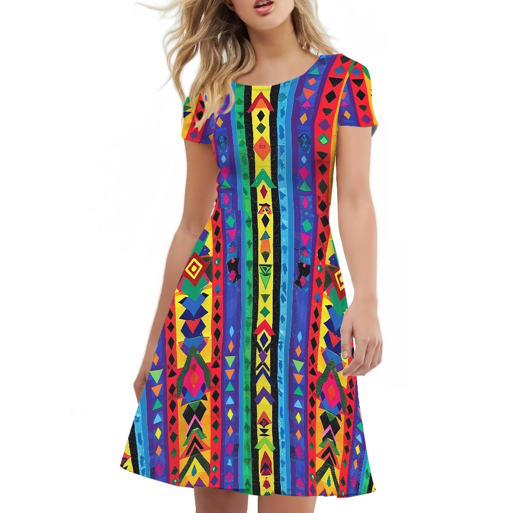 Women Scoop Neck Short Sleeve Ruffle Dress